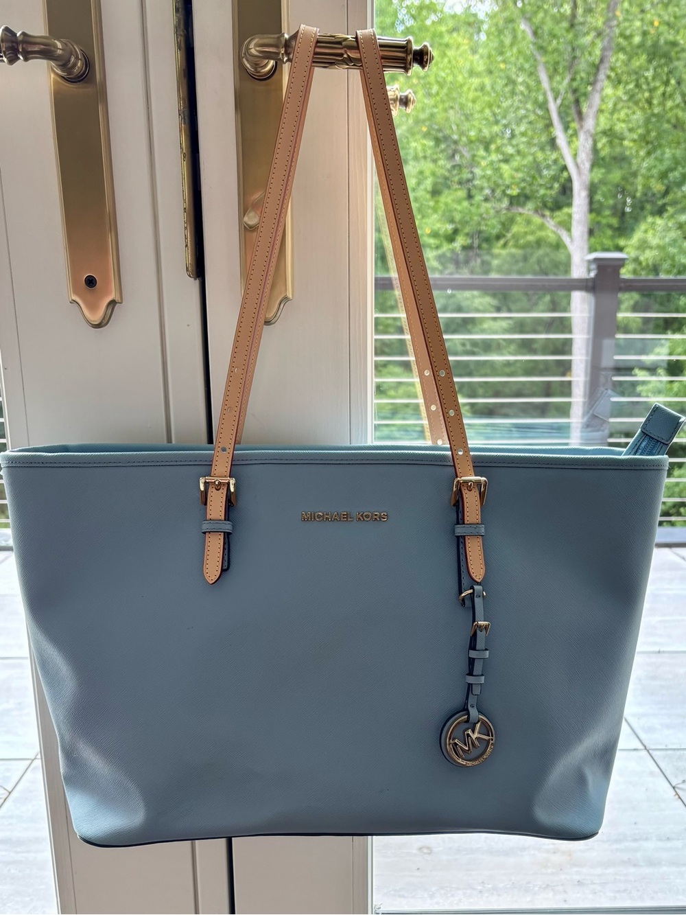 Michael Kors Light Blue Tote with Tan Straps